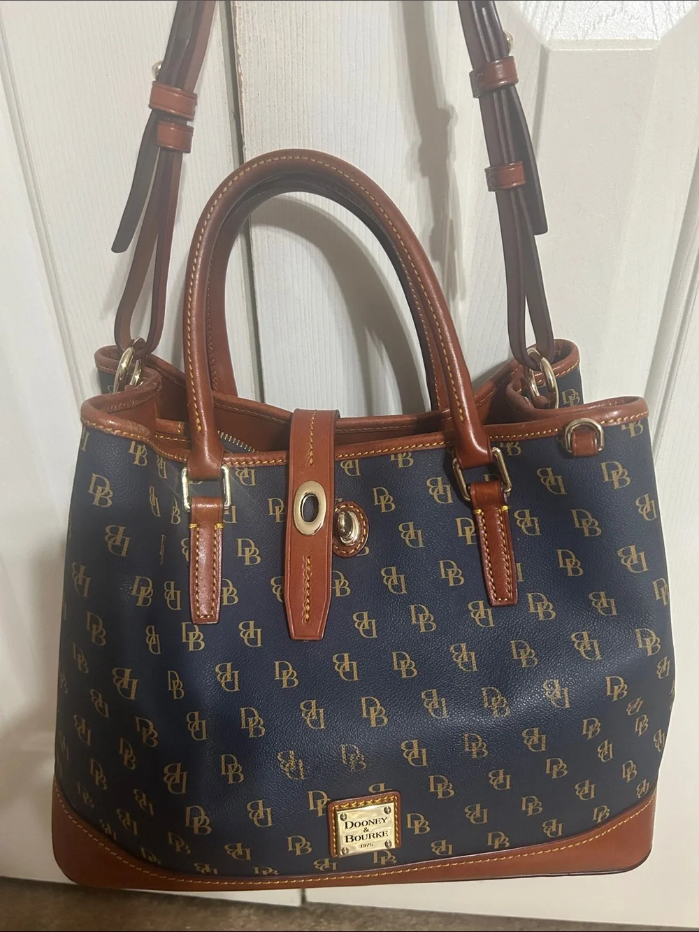 Dooney & Bourke Navy Logo Satchel with Brown Trim